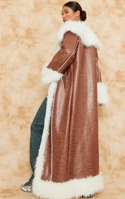 Brown Faux Fur Trim Distressed Faux Leather Maxi Coat