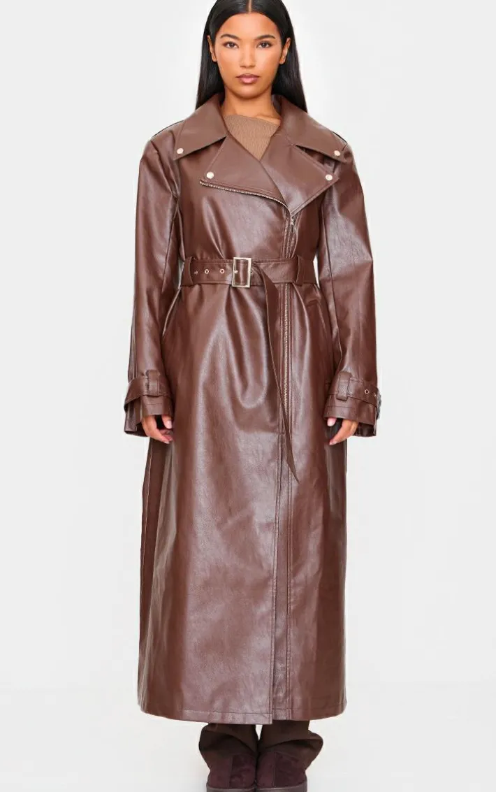 Brown Faux Leather Belted Trench Coat