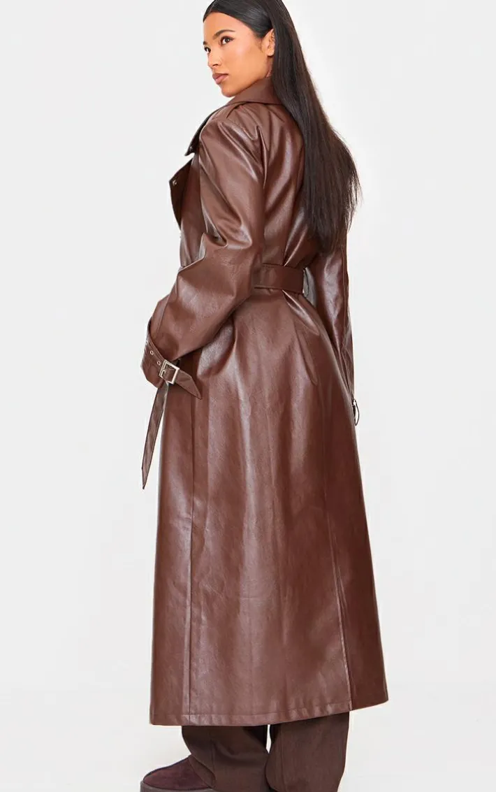Brown Faux Leather Belted Trench Coat