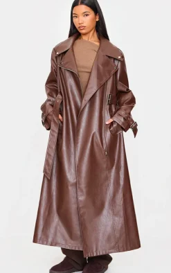 Brown Faux Leather Belted Trench Coat