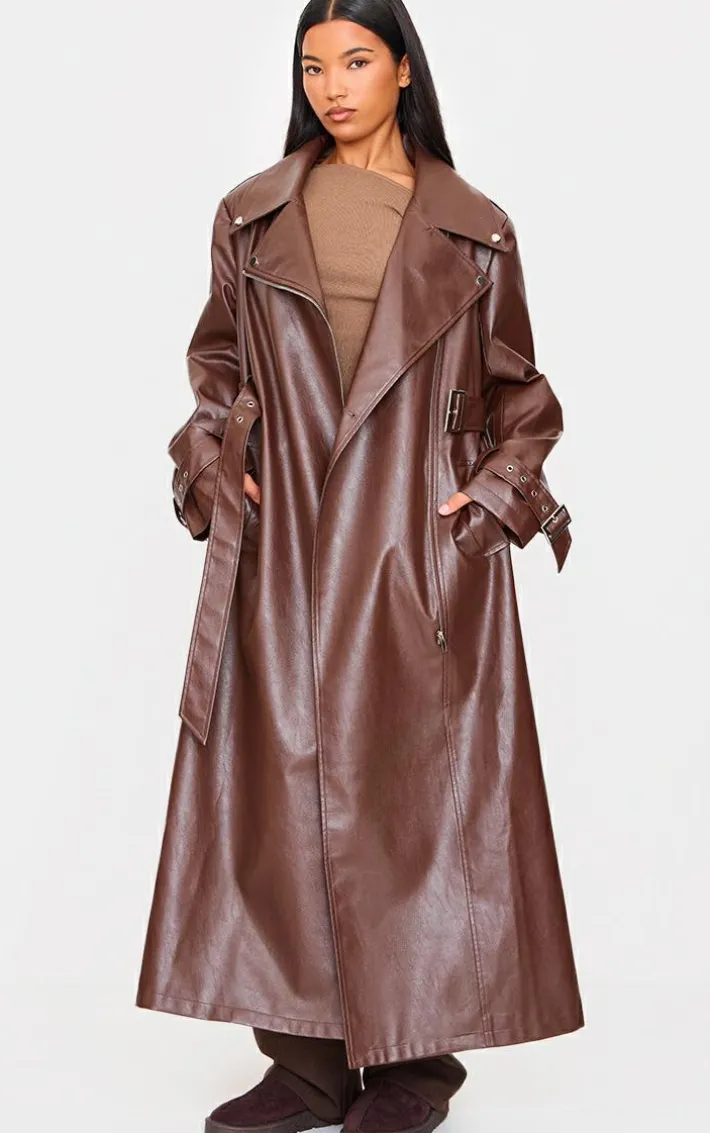 Brown Faux Leather Belted Trench Coat