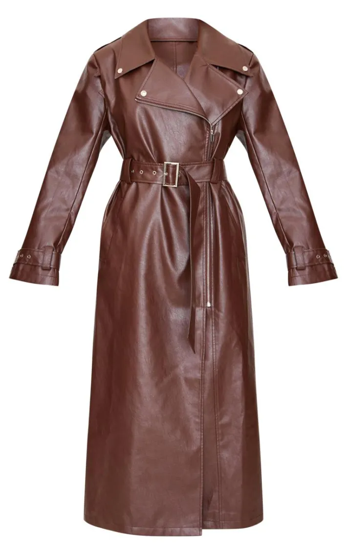 Brown Faux Leather Belted Trench Coat