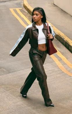 Brown Faux Leather Contrast Stripe Cropped Jacket