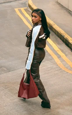 Brown Faux Leather Contrast Stripe Cropped Jacket