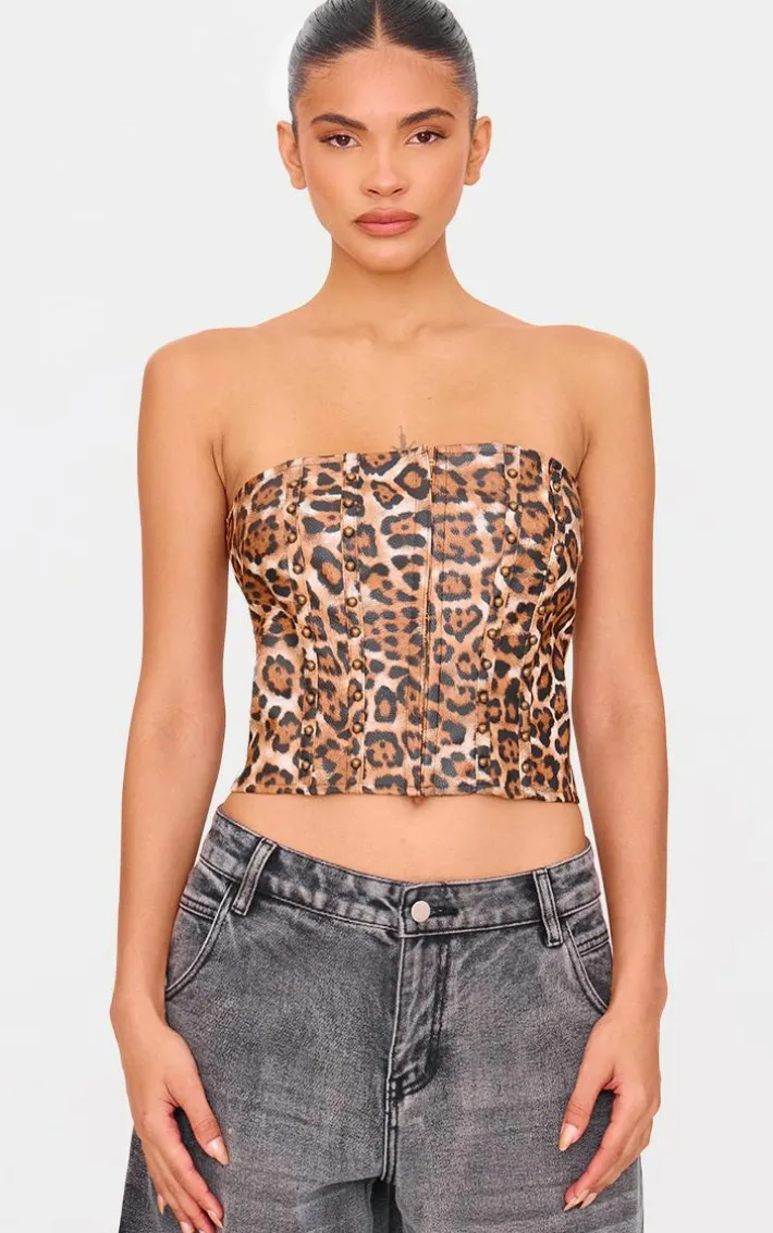 Brown Faux Leather Leopard Print Studded Crop Corset