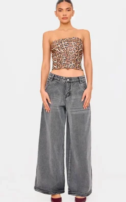 Brown Faux Leather Leopard Print Studded Crop Corset