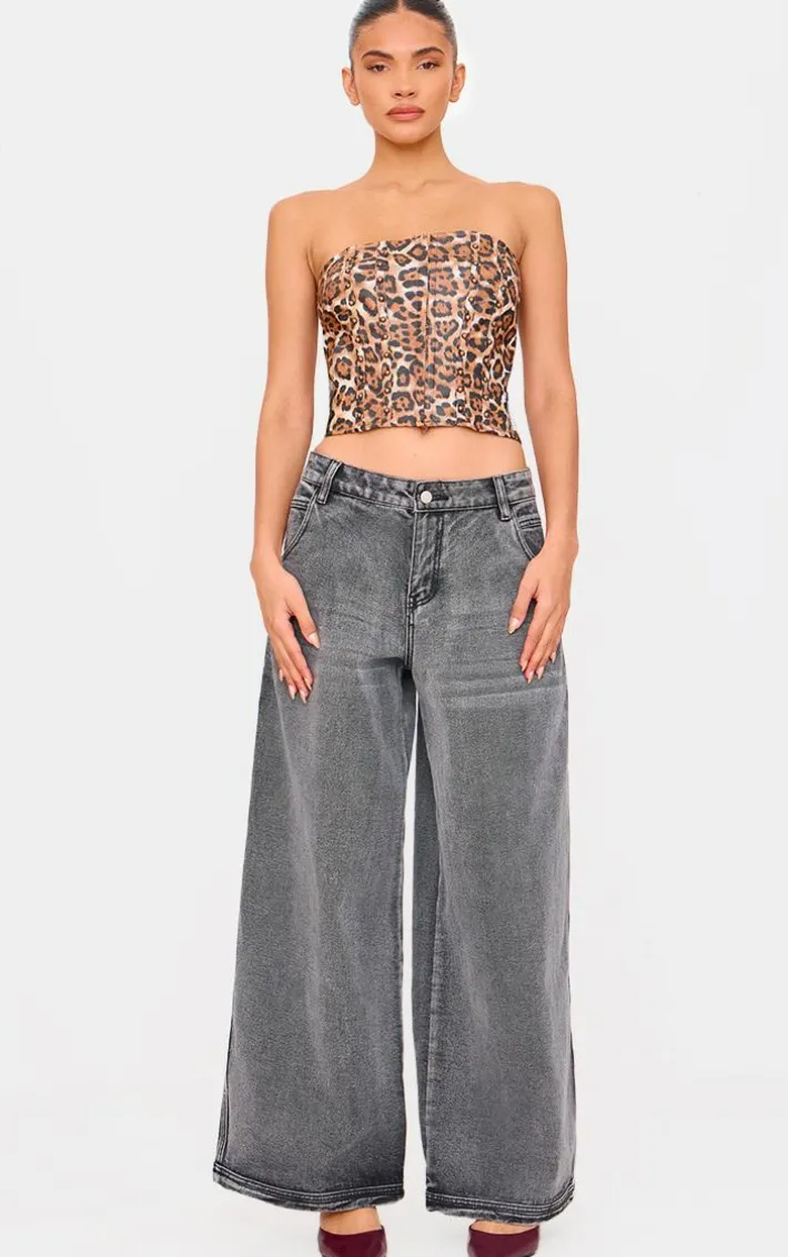 Brown Faux Leather Leopard Print Studded Crop Corset