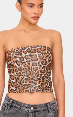 Brown Faux Leather Leopard Print Studded Crop Corset