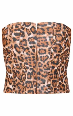 Brown Faux Leather Leopard Print Studded Crop Corset