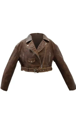 Brown Faux Leather Mottled Texture Belted Hem Biker Jacket