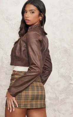 Brown Faux Leather Panel Details Biker Jacket