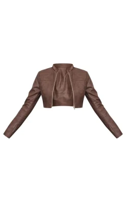 Brown Faux Leather Panel Details Biker Jacket