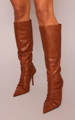 Brown Faux Leather Ruched Detail Knee High Boots