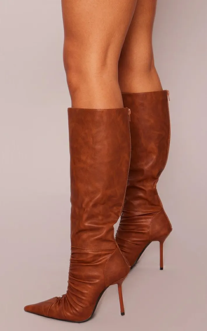 Brown Faux Leather Ruched Detail Knee High Boots