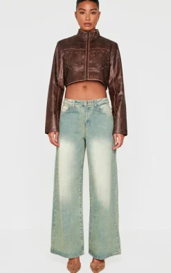 Brown Faux Leather Studded Cropped Jacket