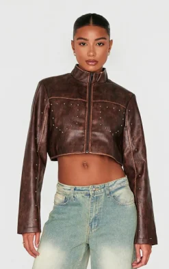 Brown Faux Leather Studded Cropped Jacket