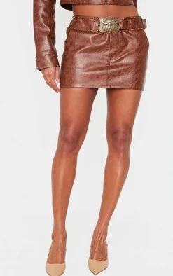 Brown Faux Leather Studded Belt Detail Mini Skirt