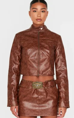 Brown Faux Leather Studded Belt Detail Mini Skirt