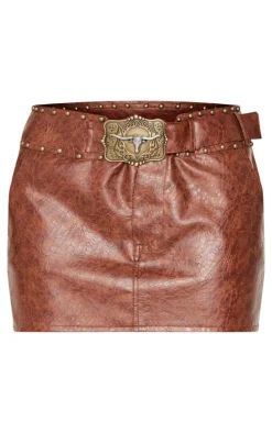 Brown Faux Leather Studded Belt Detail Mini Skirt