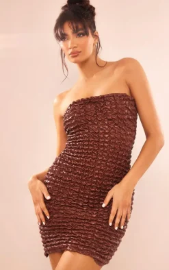 Brown Faux Leather Textured Bandeau Mini Dress