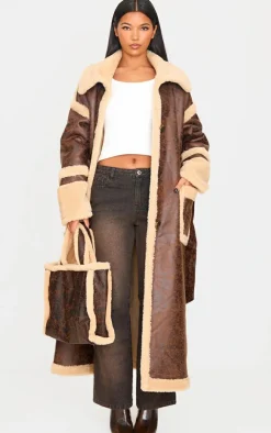 Brown Faux Leather Vintage Look Borg Coat