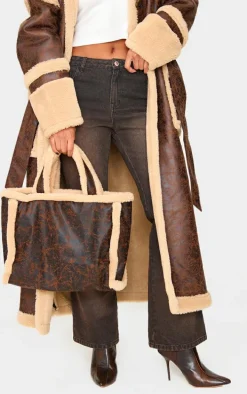 Brown Faux Leather Vintage Look Borg Tote Bag