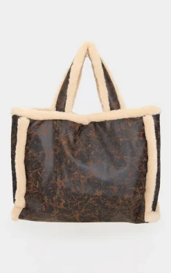 Brown Faux Leather Vintage Look Borg Tote Bag