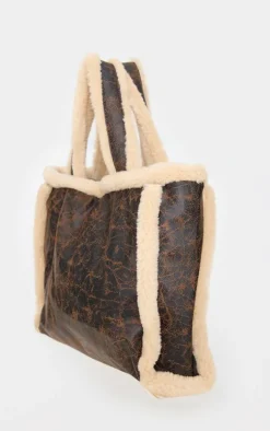 Brown Faux Leather Vintage Look Borg Tote Bag