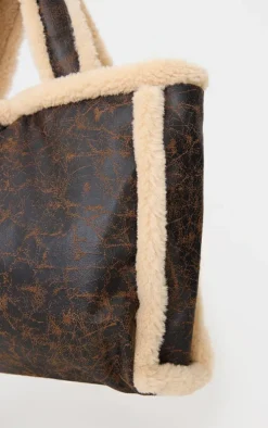 Brown Faux Leather Vintage Look Borg Tote Bag