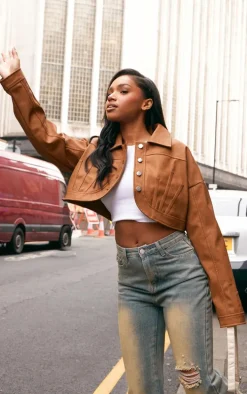 Brown Faux Leather Western Detail Curved Hem Jacket