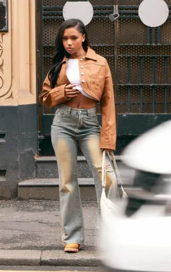 Brown Faux Leather Western Detail Curved Hem Jacket