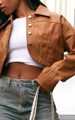 Brown Faux Leather Western Detail Curved Hem Jacket