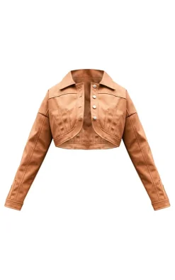 Brown Faux Leather Western Detail Curved Hem Jacket