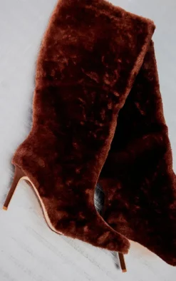 Brown Faux Shearling Point Toe Knee High Heeled Boots