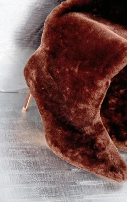 Brown Faux Shearling Point Toe Knee High Heeled Boots