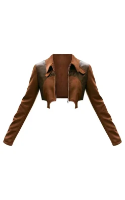 Brown Faux Suede Contrast Faux Leather Western Look Cropped Jacket