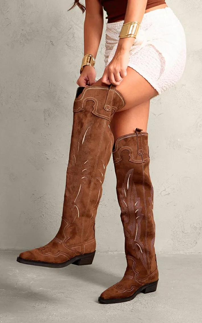Brown Faux Suede Point Toe Contrast Stitch Over The Knee Western Boots
