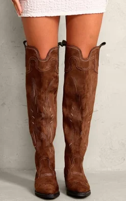 Brown Faux Suede Point Toe Contrast Stitch Over The Knee Western Boots