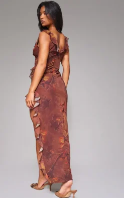 Brown Floral Asymmetric Frill Split Maxi Dress