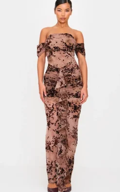 Brown Floral Devore Corset Bardot Ruched Frill Maxi Dress