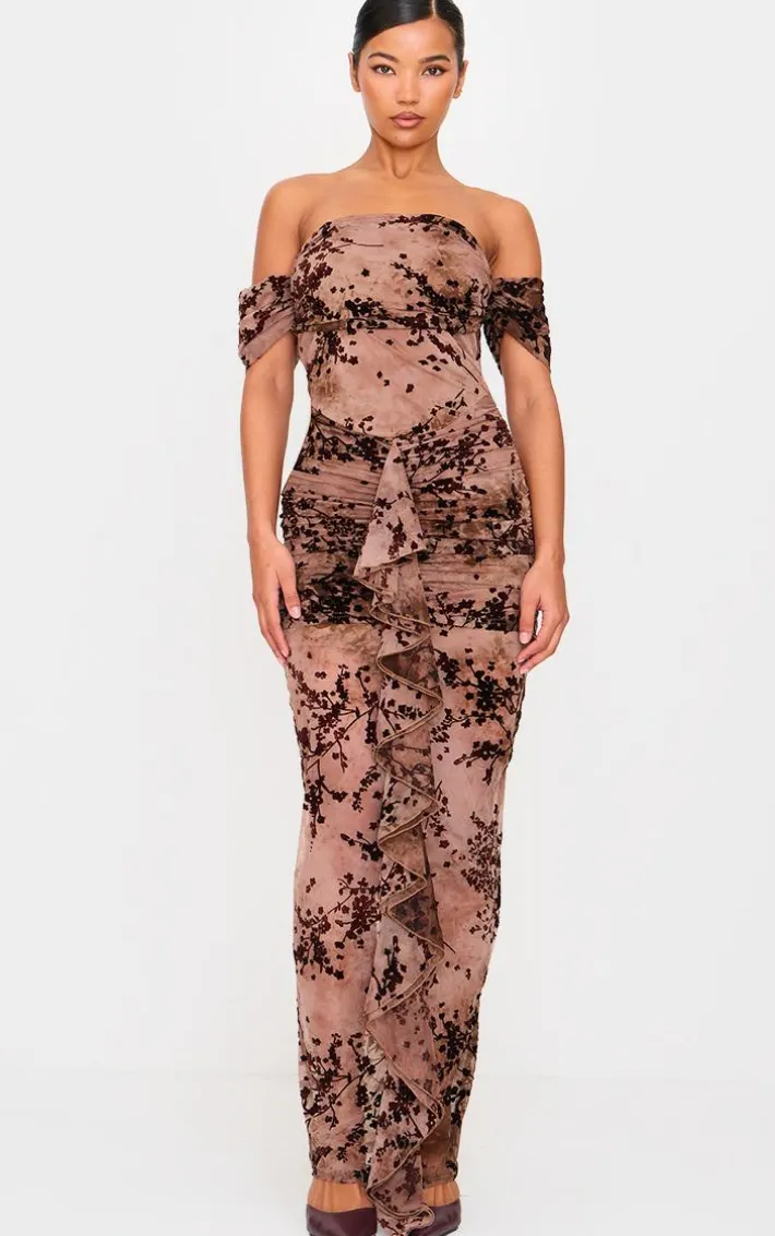 Brown Floral Devore Corset Bardot Ruched Frill Maxi Dress