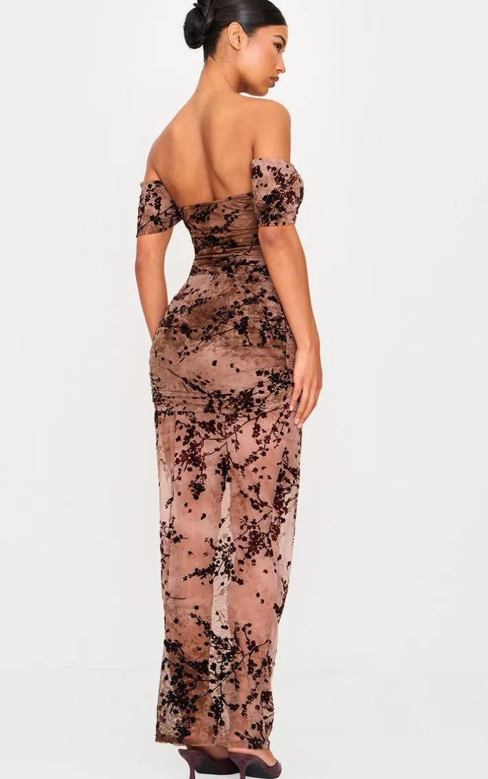 Brown Floral Devore Corset Bardot Ruched Frill Maxi Dress