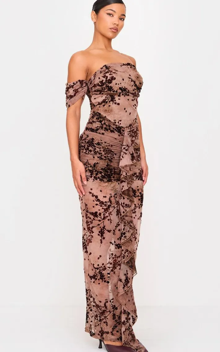 Brown Floral Devore Corset Bardot Ruched Frill Maxi Dress