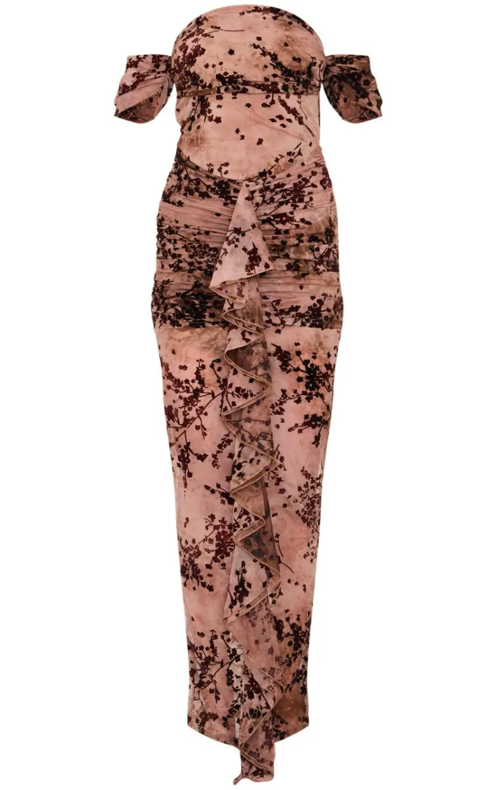 Brown Floral Devore Corset Bardot Ruched Frill Maxi Dress