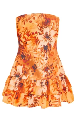 Brown Floral Linen Look Bandeau Tiered Shift Dress