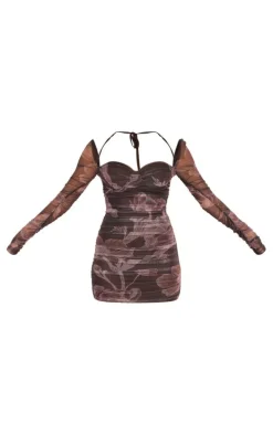 Brown Floral Mesh Ruched Long Sleeve Cup Detail Mini Dress