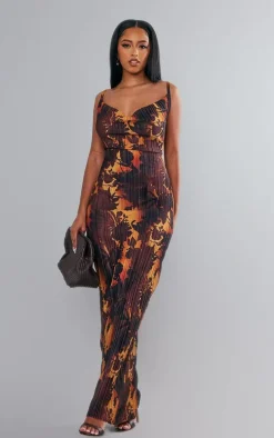 Brown Floral Ombre Plisse Strappy Maxi Dress