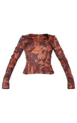 Brown Floral Print Boned Long Top