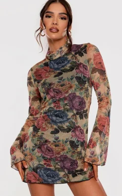 Brown Floral Print High Neck Flared Sleeve Shift Dress
