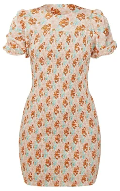 Brown Floral Print Shirred Puff Sleeve Bodycon Dress